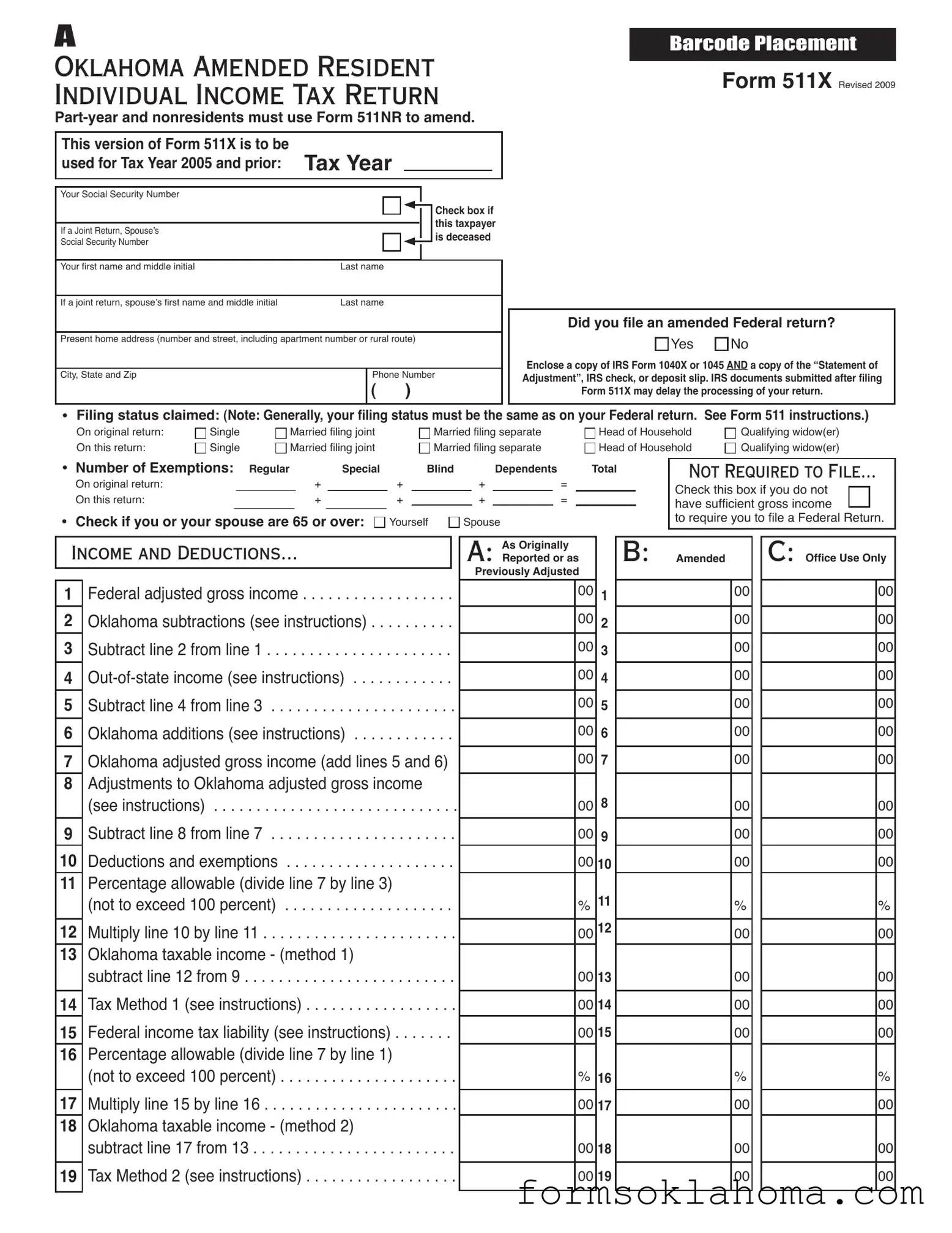 Official Oklahoma 511X Form