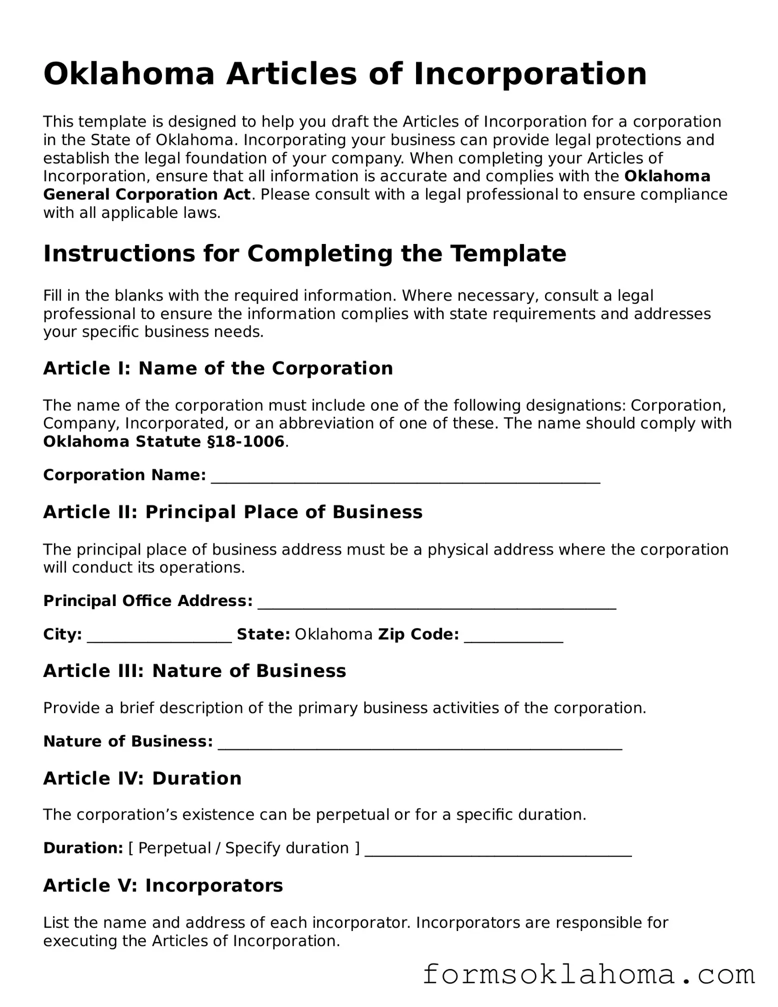 Articles of Incorporation Document for the State of Oklahoma