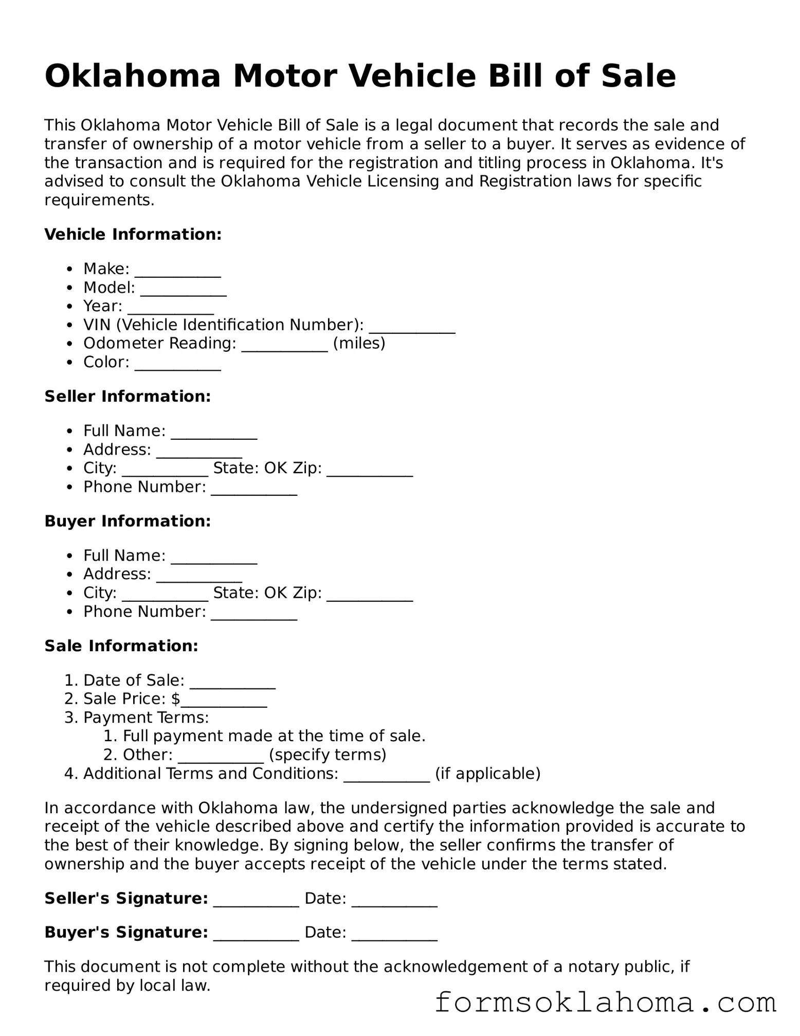 Motor Vehicle Bill of Sale Document for the State of Oklahoma