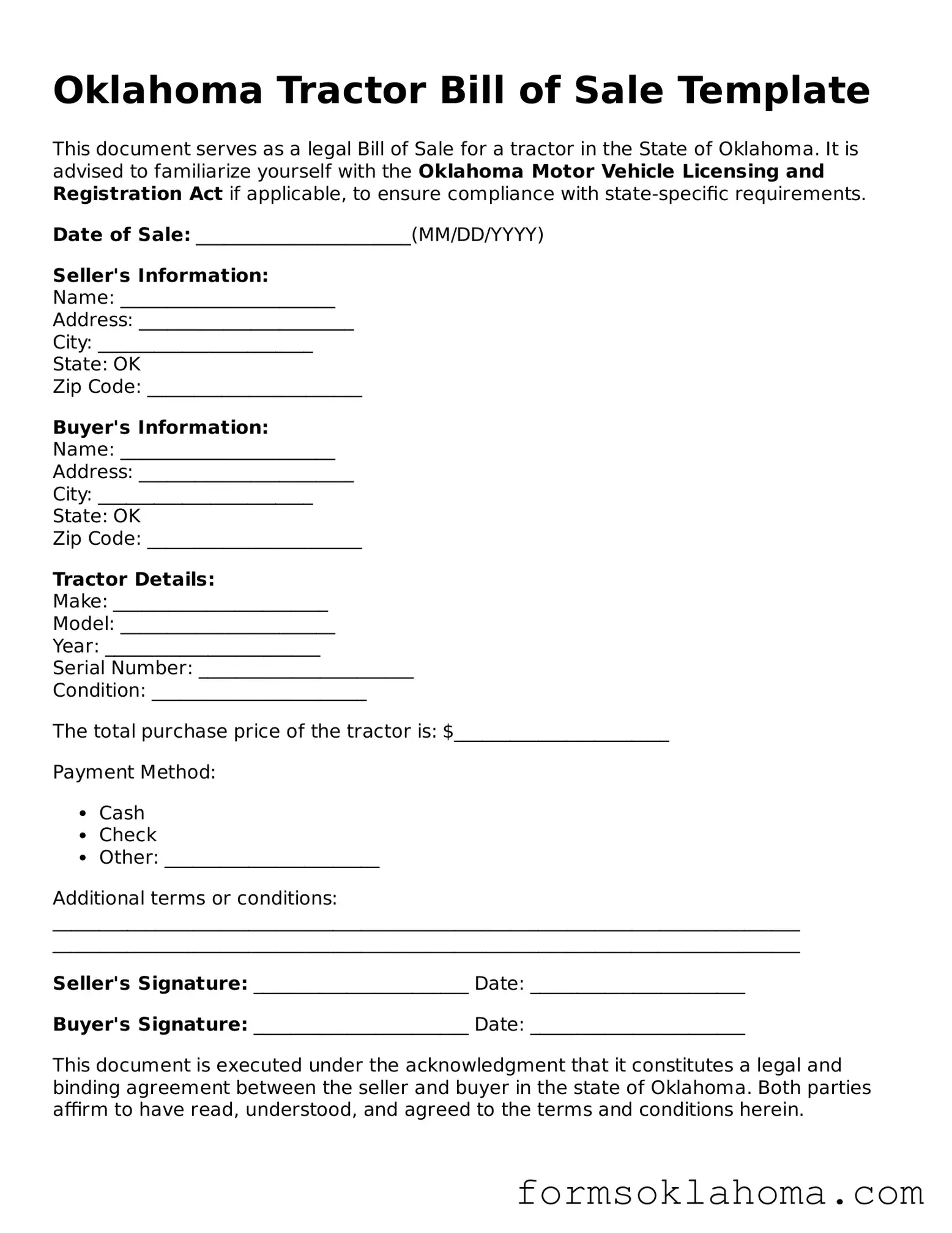 Tractor Bill of Sale Document for the State of Oklahoma