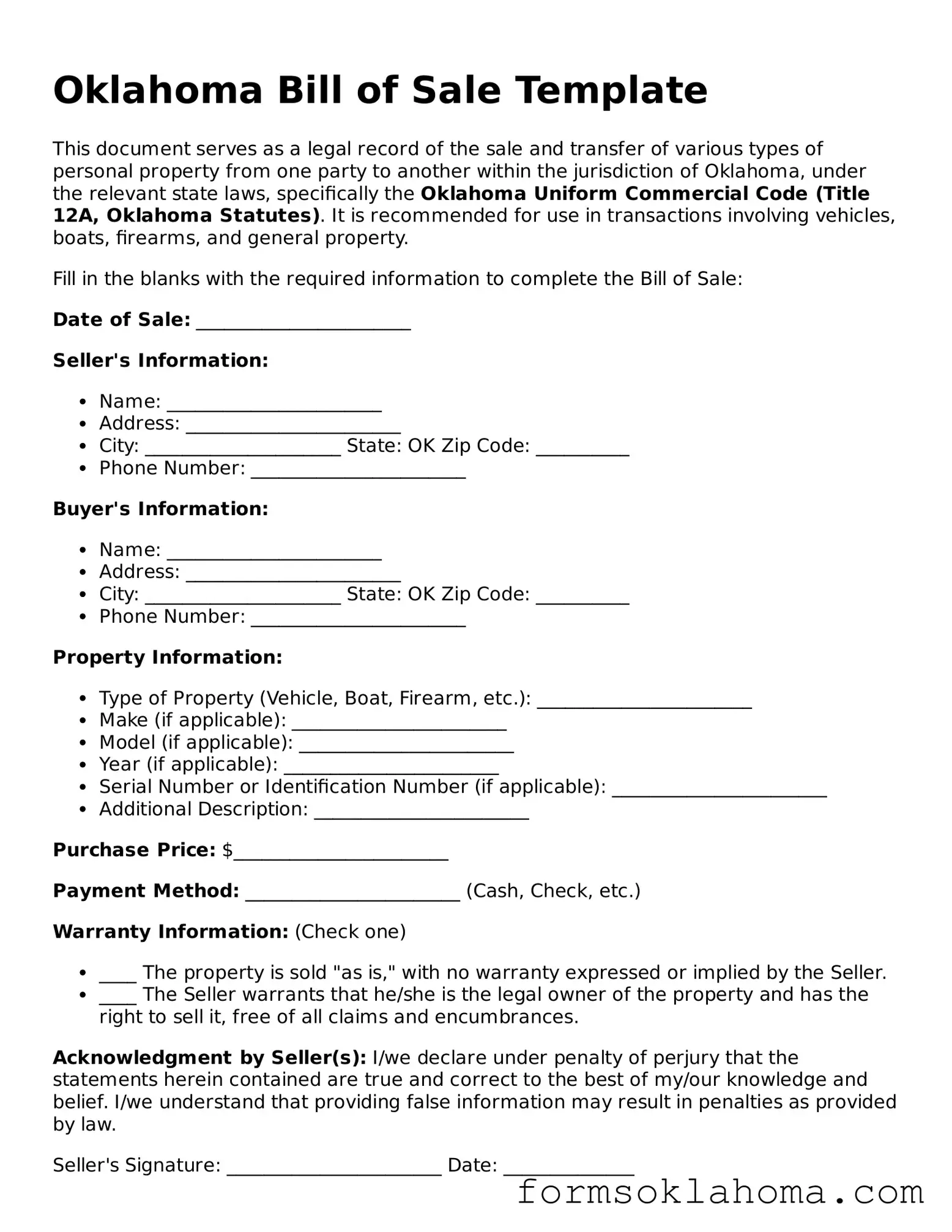 Bill of Sale Document for the State of Oklahoma