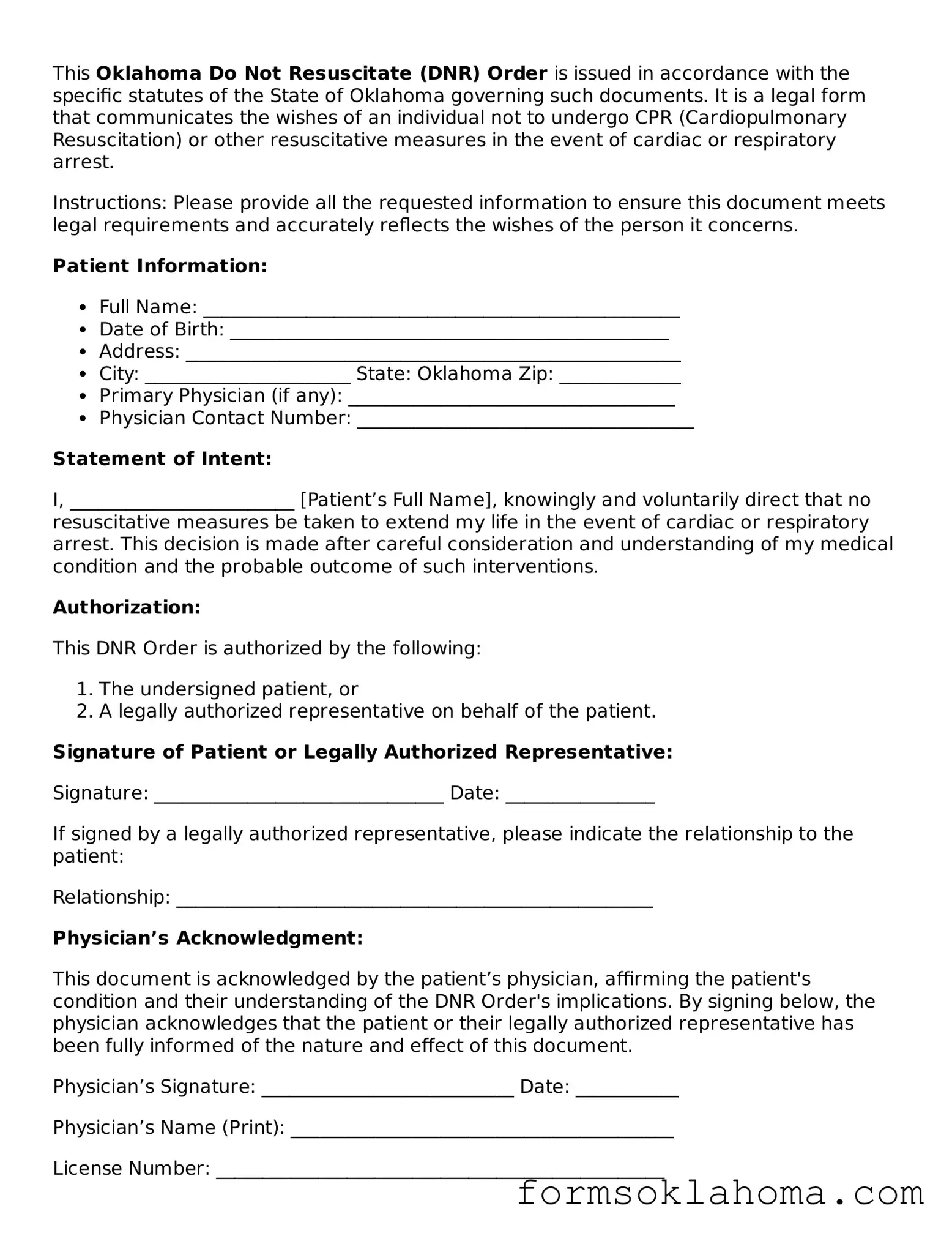 Do Not Resuscitate Order Document for the State of Oklahoma