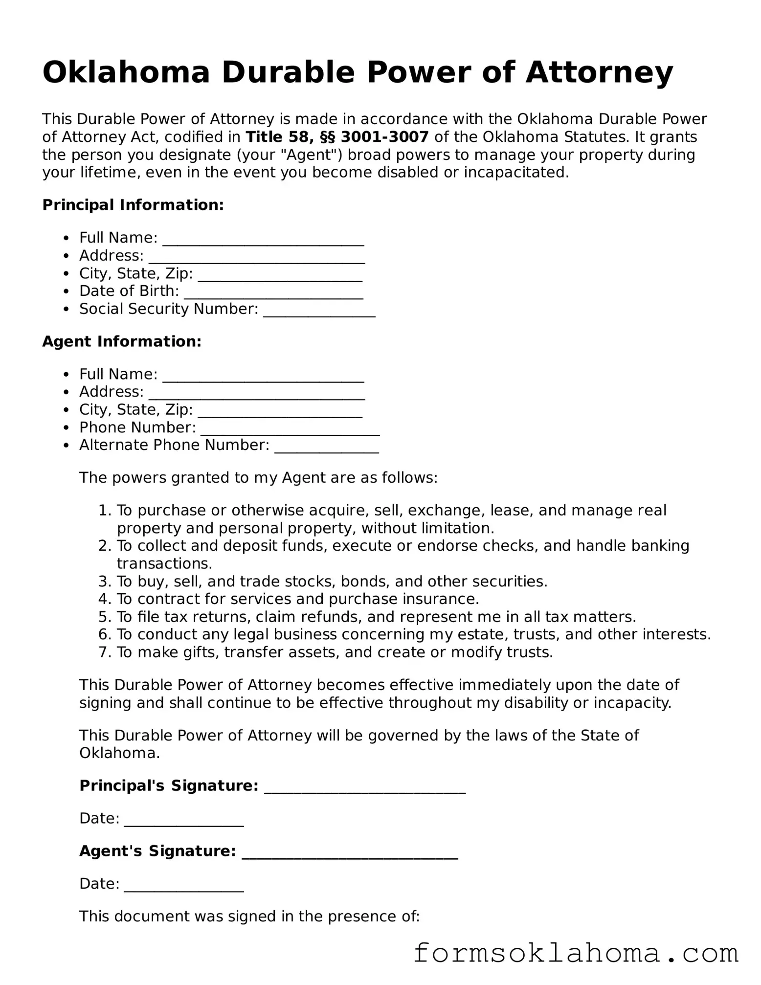 Durable Power of Attorney Document for the State of Oklahoma