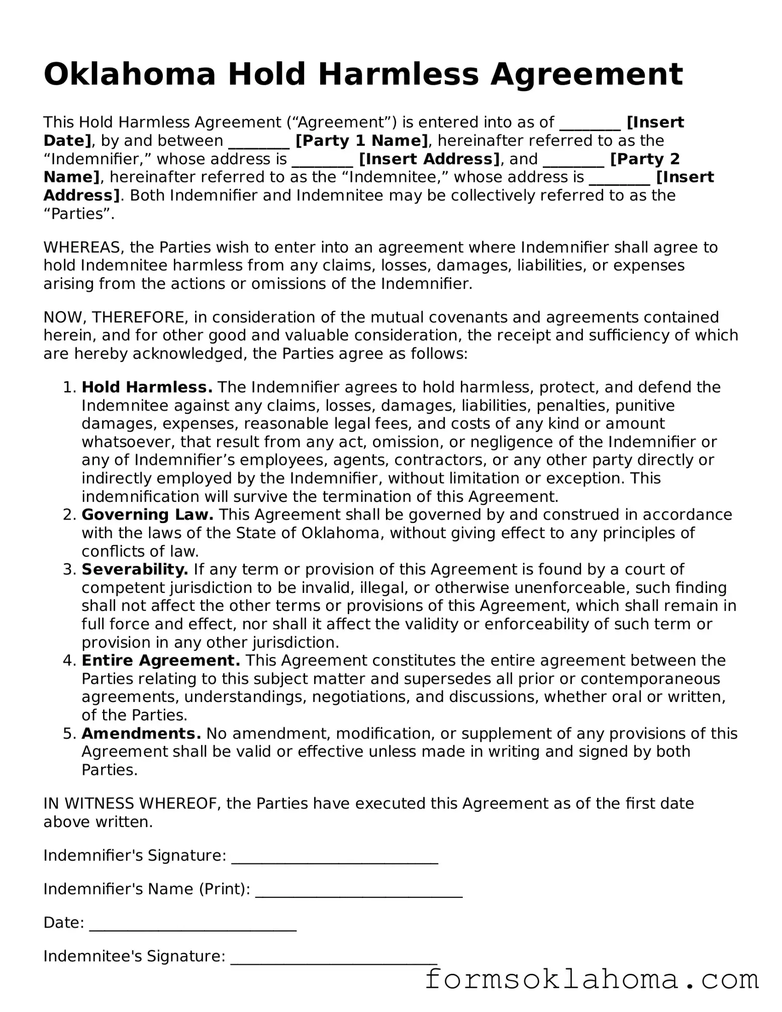 Hold Harmless Agreement Document for the State of Oklahoma
