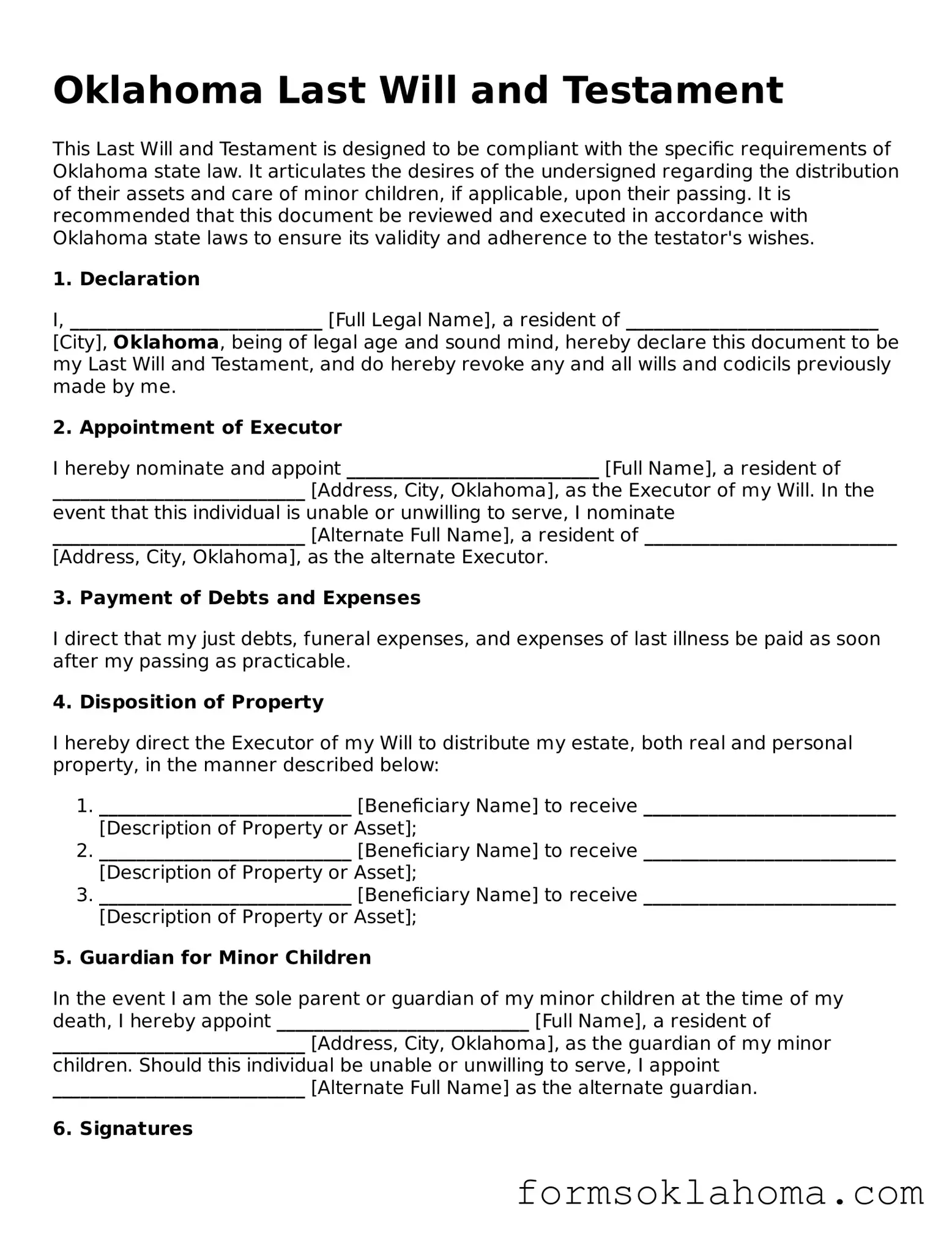 Last Will and Testament Document for the State of Oklahoma