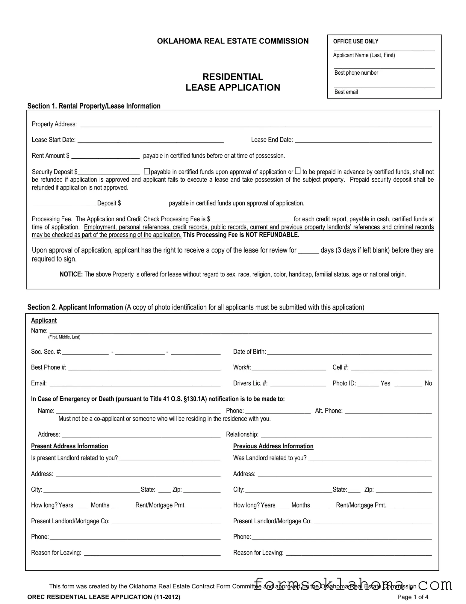 Official Oklahoma Lease Application Form