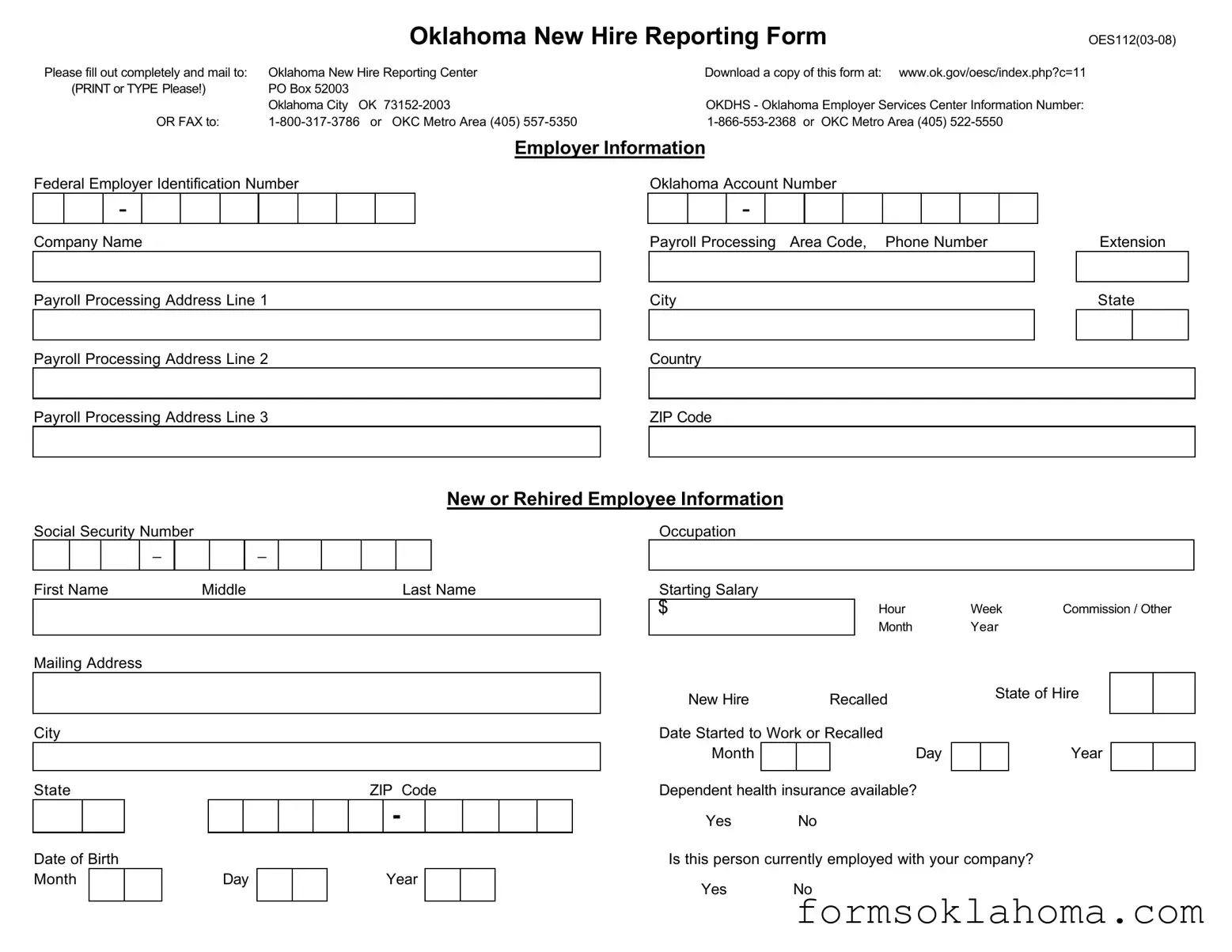 Official Oklahoma New Hire Reporting Form