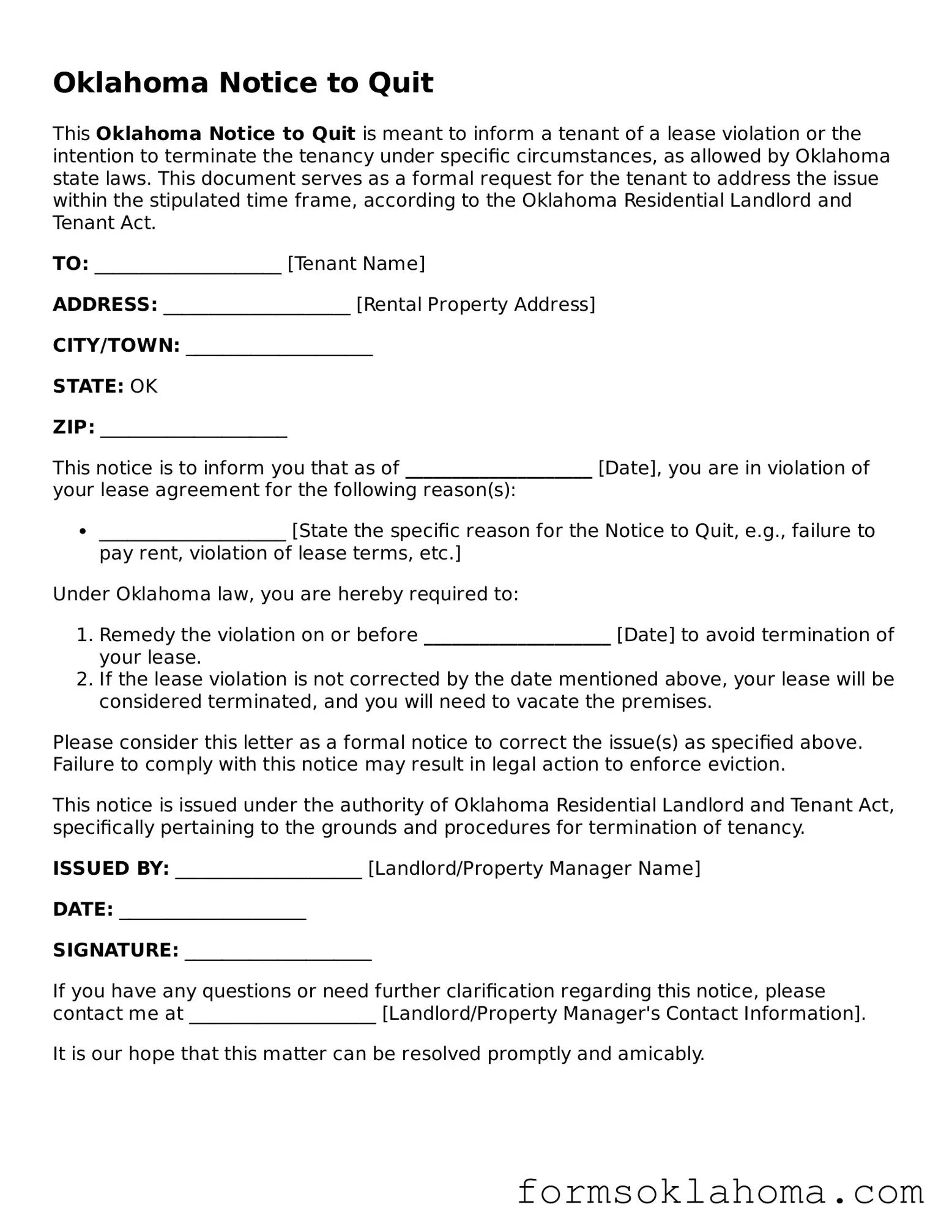 Notice to Quit Document for the State of Oklahoma