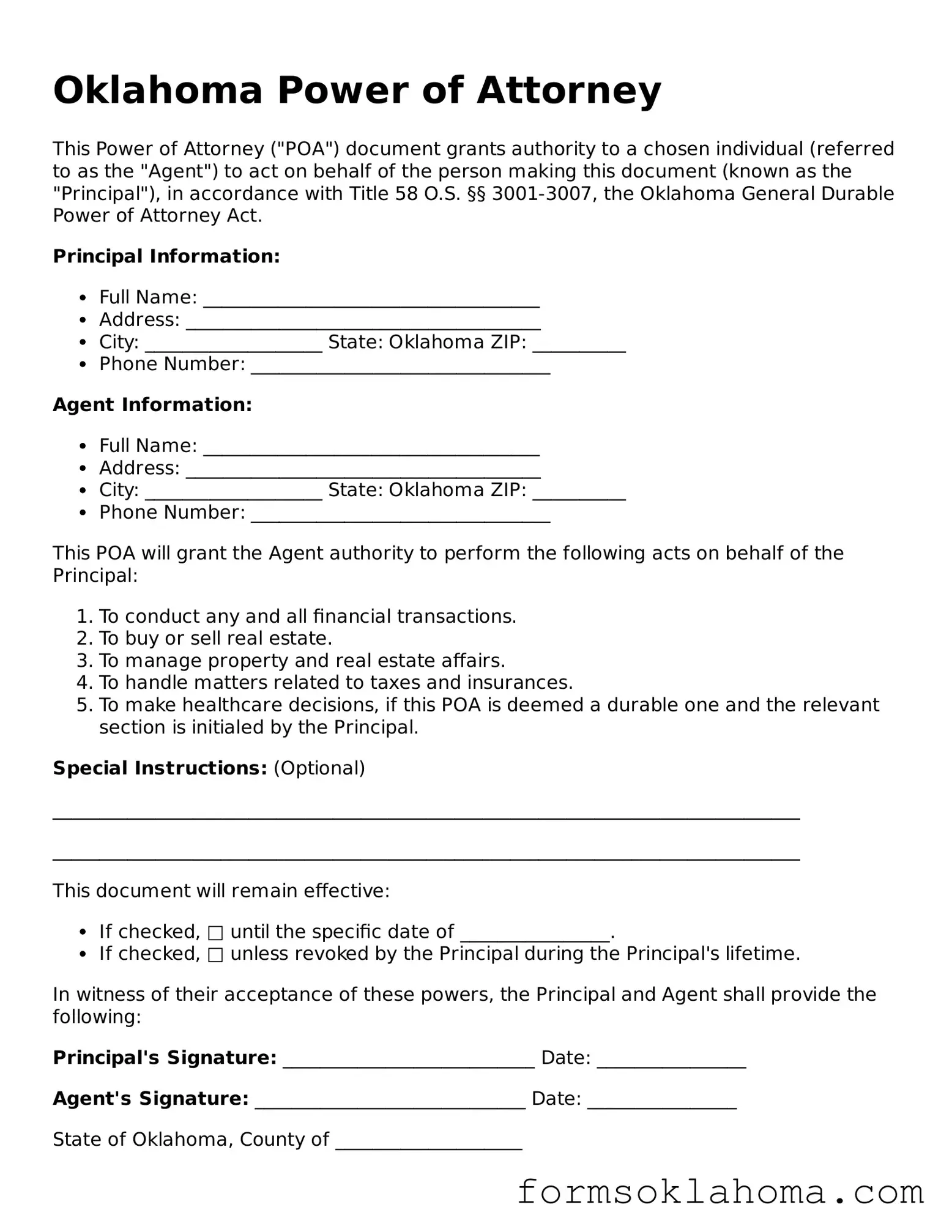 Power of Attorney Document for the State of Oklahoma