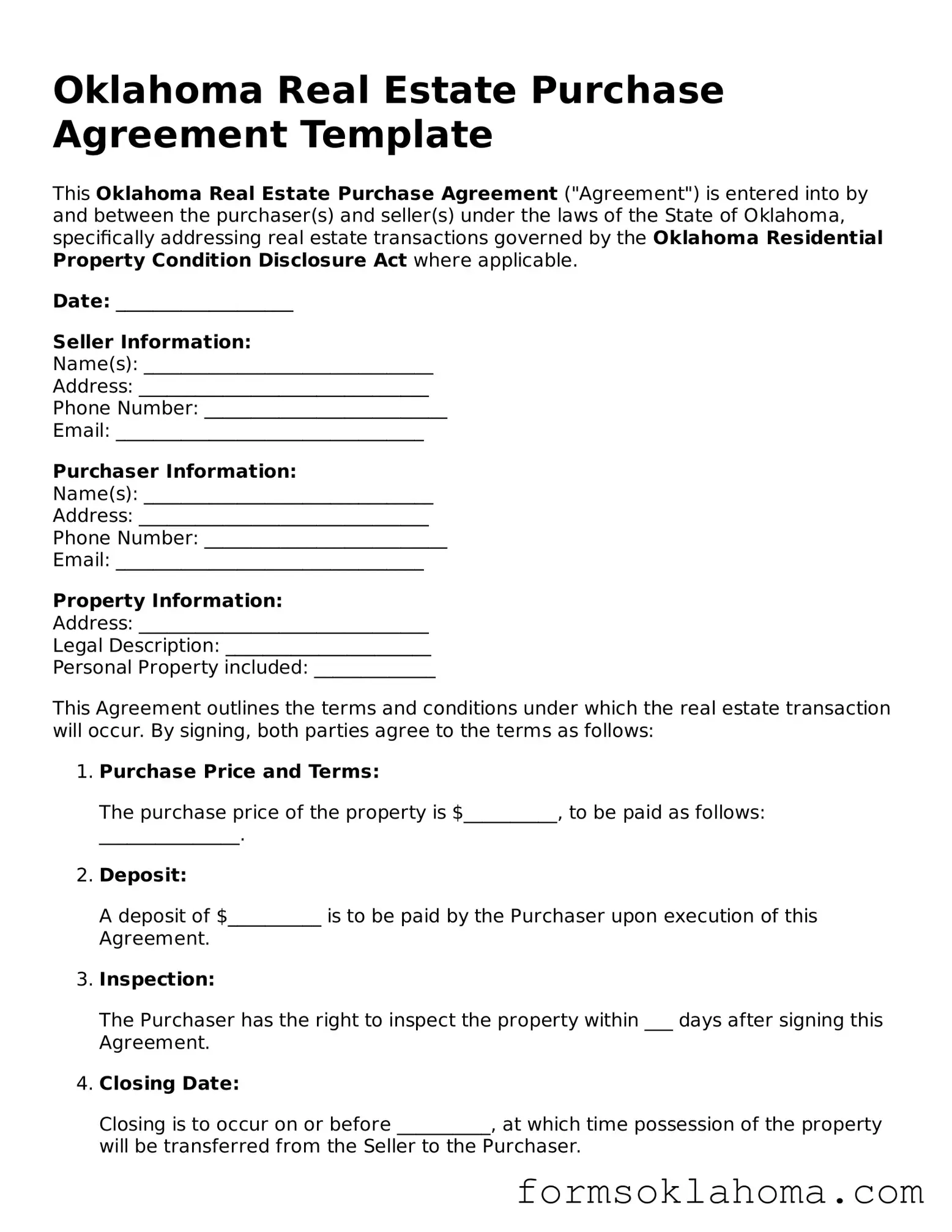 Real Estate Purchase Agreement Document for the State of Oklahoma