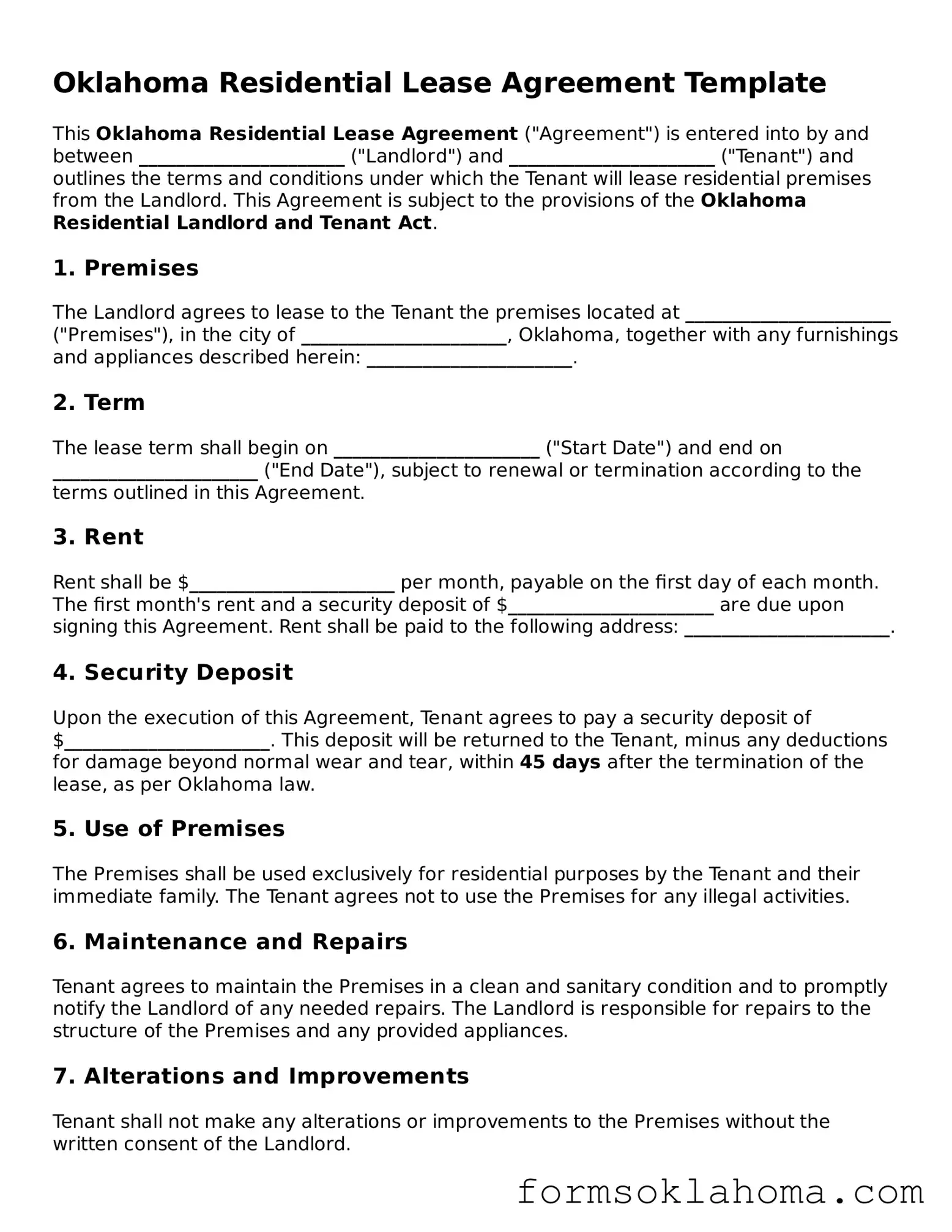 Residential Lease Agreement Document for the State of Oklahoma