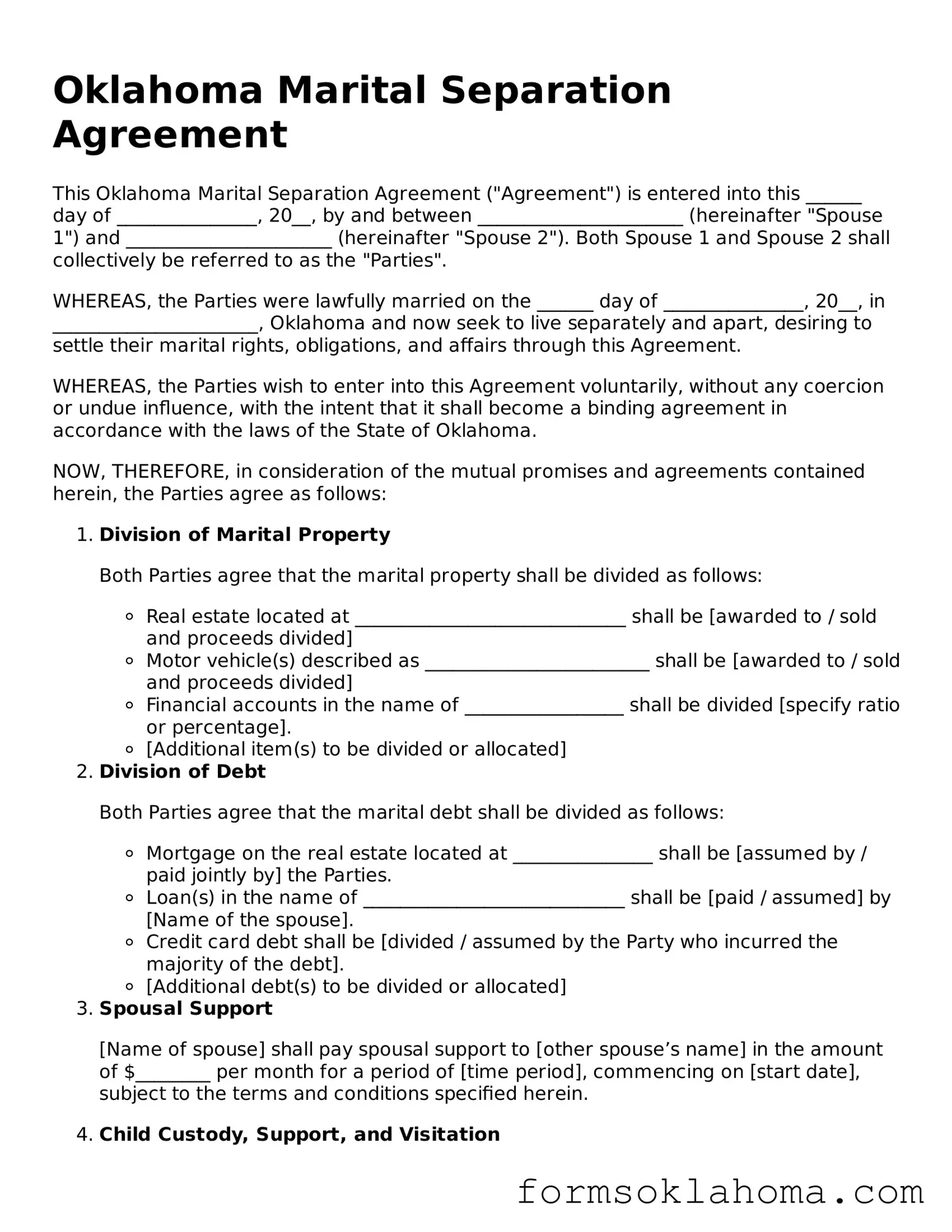 Marital Separation Agreement Document for the State of Oklahoma