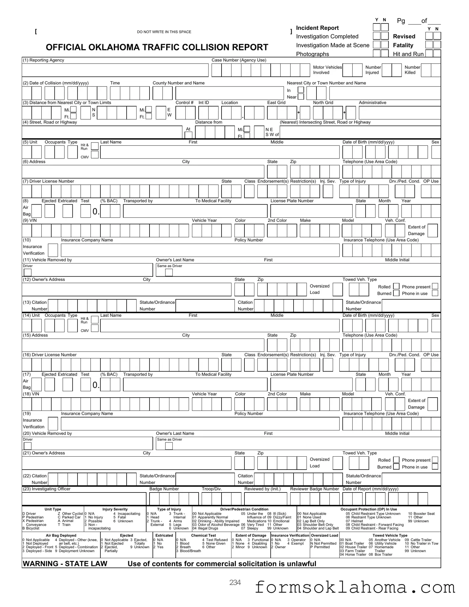 Official Oklahoma Traffic Collision Report Form