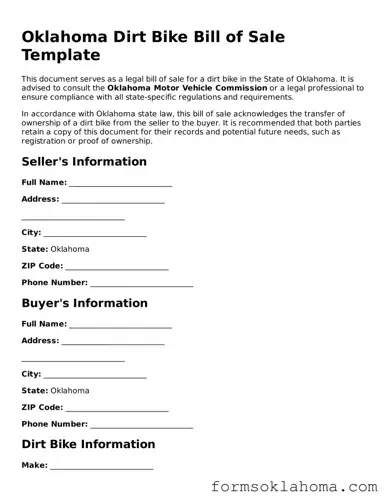 Dirt Bike Bill of Sale Document for the State of Oklahoma