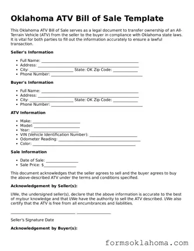 ATV Bill of Sale Document for the State of Oklahoma