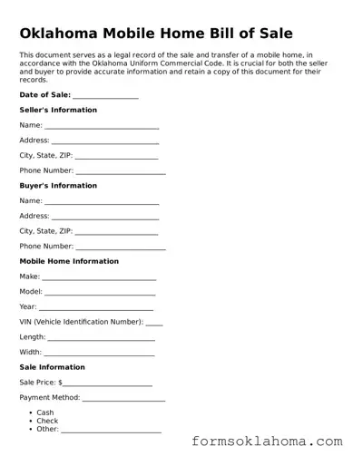 Mobile Home Bill of Sale Document for the State of Oklahoma