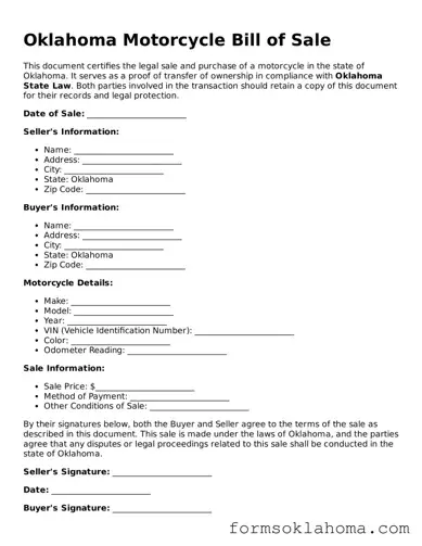 Motorcycle Bill of Sale Document for the State of Oklahoma