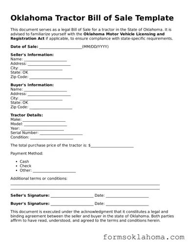 Tractor Bill of Sale Document for the State of Oklahoma