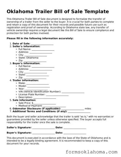Trailer Bill of Sale Document for the State of Oklahoma