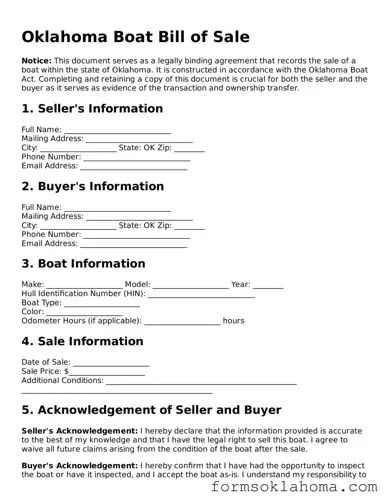 Boat Bill of Sale Document for the State of Oklahoma
