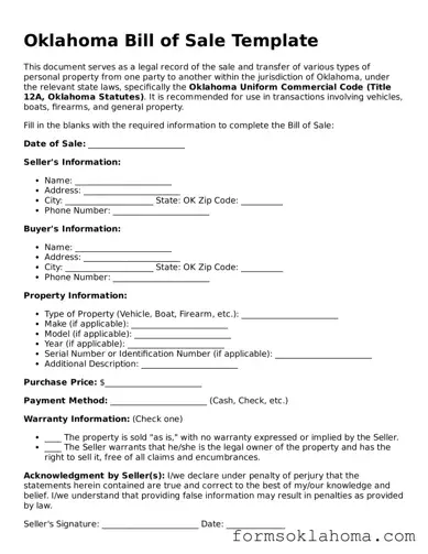 Bill of Sale Document for the State of Oklahoma