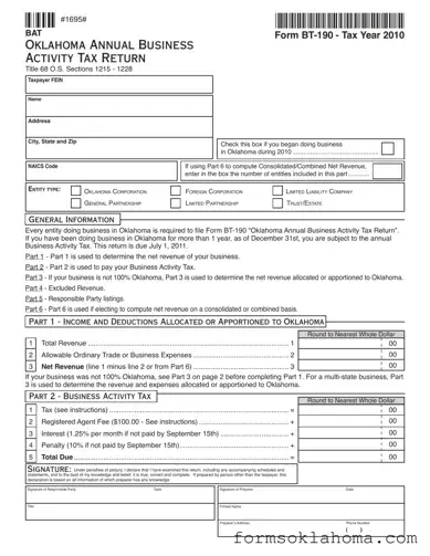 Official Oklahoma Bt 190 Form