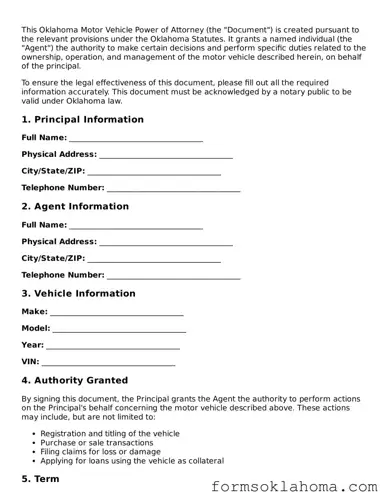 Motor Vehicle Power of Attorney Document for the State of Oklahoma