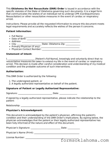 Do Not Resuscitate Order Document for the State of Oklahoma