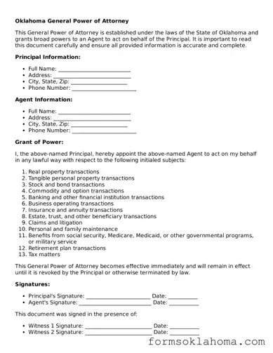 General Power of Attorney Document for the State of Oklahoma