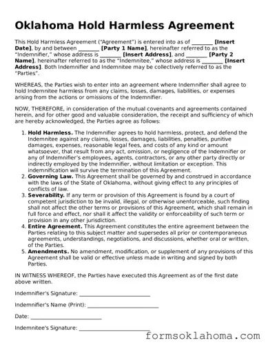 Hold Harmless Agreement Document for the State of Oklahoma
