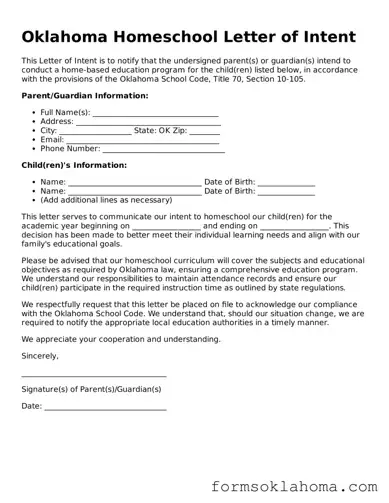 Homeschool Letter of Intent Document for the State of Oklahoma