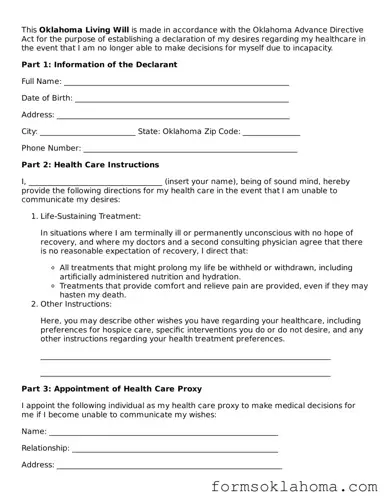 Living Will Document for the State of Oklahoma