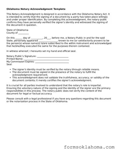 Notary Acknowledgement Document for the State of Oklahoma