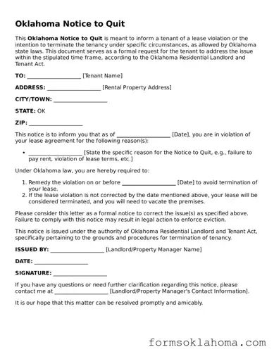 Notice to Quit Document for the State of Oklahoma