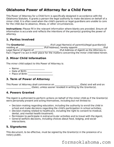 Power of Attorney for a Child Document for the State of Oklahoma