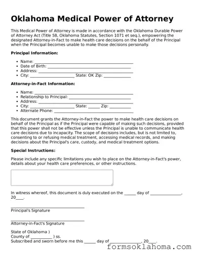 Medical Power of Attorney Document for the State of Oklahoma