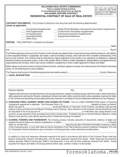 Official Oklahoma Real Estate Contract Sale Form