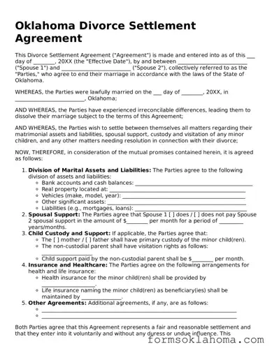 Divorce Settlement Agreement Document for the State of Oklahoma
