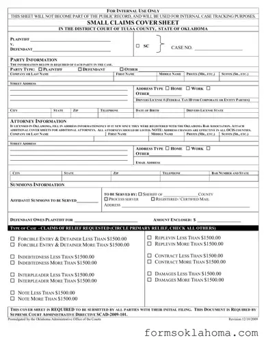Official Oklahoma Tulsa Small Claims Form